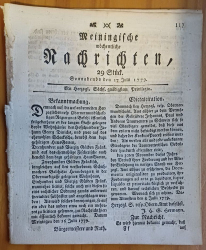 Meiningen 1779 zeitung - meiningen, 17.7.