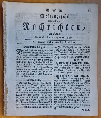 Meiningen 1779 zeitung - meiningen, 29.5.